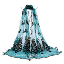 Women Embroidered Peacock Long Shawl Scarf